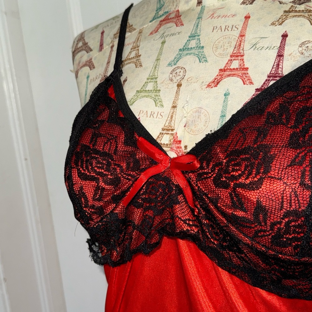 Red & Black Lace Satin Slip Dress - Vintage Lingerie, Bought in Rome